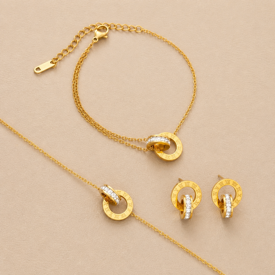 Stainless Steel 2 Earrings + 1 Necklace + 1 Bracelet Roman Numeral Interlocking Jewelry Set