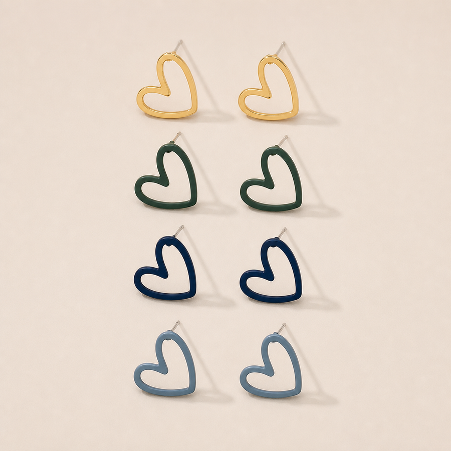 Four Pairs of European and American Bohemian Style Morandi Color Series Hollow-Out Heart Stud Earrings, Matte Metal