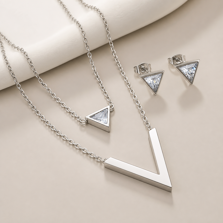 3pcs Fashion Women's Triangle Zirconia V-Shaped Stainless Steel Silvery Double Layer Necklace Pendant