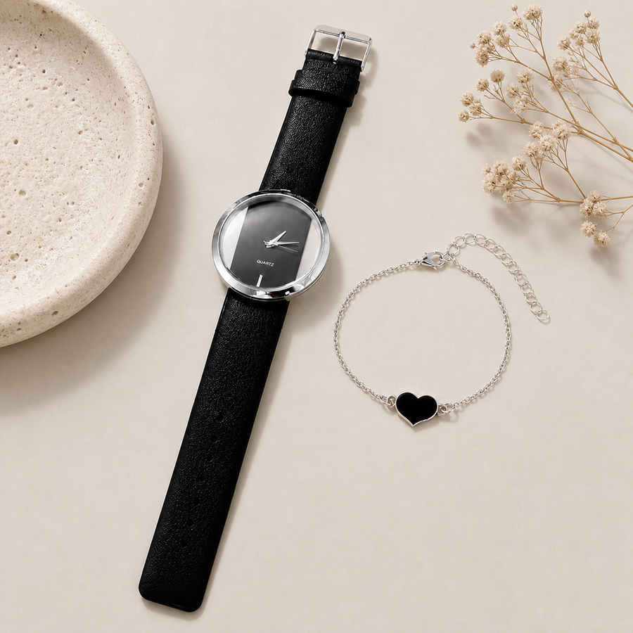2pcs/set Women's Watch Hollow Out Fashion Quartz Watch Analog PU Leather Wrist Watch & Heart Bracelet