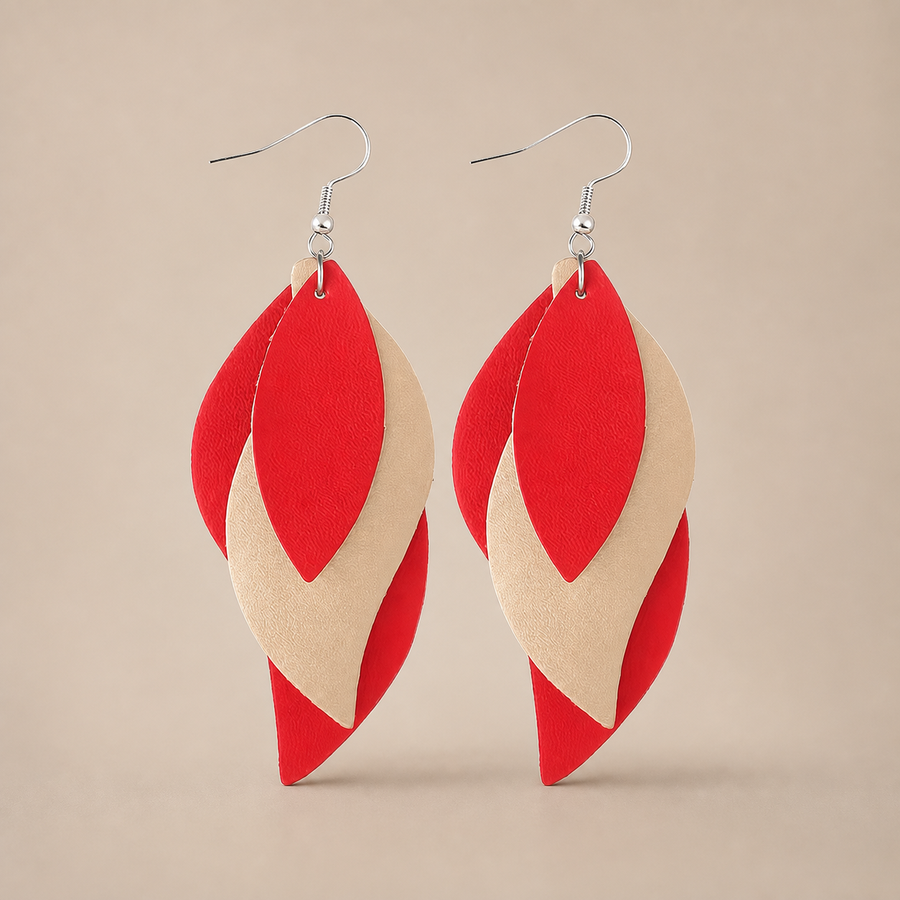 3-layer Leaf Design Retro Dangle Earrings PU Leather